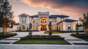 ai-generative-exterior-of-modern-luxury-house-with-garden-and-beautiful-sky-photo (1)