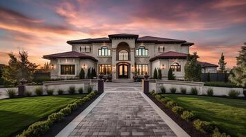 ai-generative-exterior-of-modern-luxury-house-with-garden-and-beautiful-sky-photo